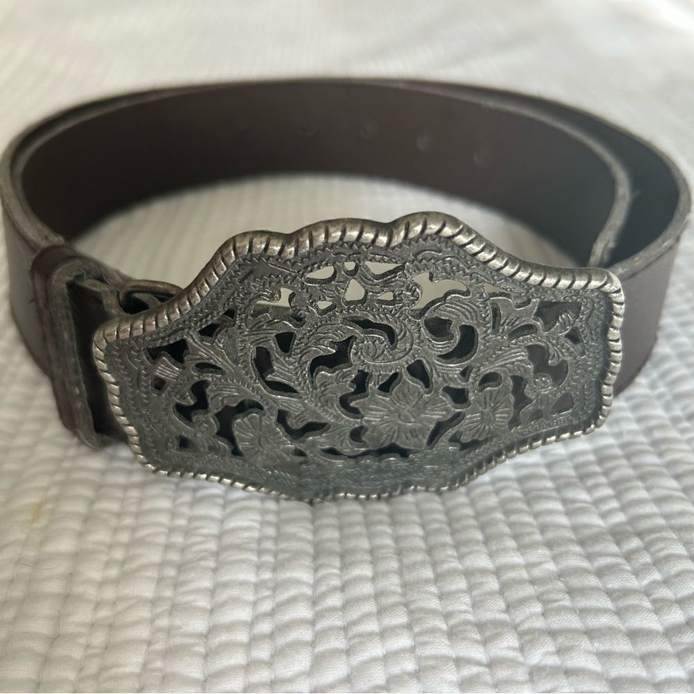 Women’s Brown Southwestern Silver Buckle Statement Belt Festival Size 39 inches